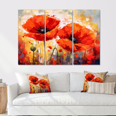 Vibrant Red And Yellow Poppy Field Dreams - Poppies Canvas Wall Art Set