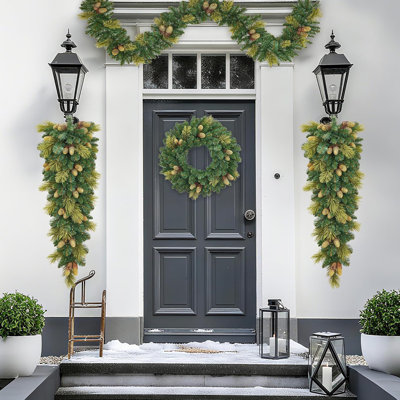 Ensemble complet de Noël à DEL pré-éclairé, décor intérieur / extérieur blanc chaud 6 pièces avec arbre, guirlande et couronne