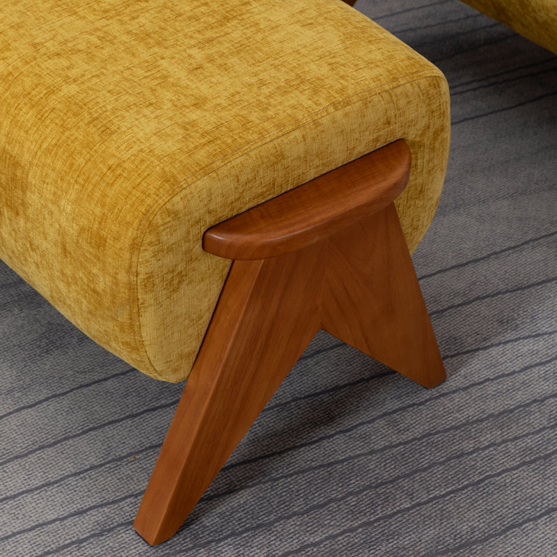 Upholstered Chenille Armchair With Footstool, Yellow, 1