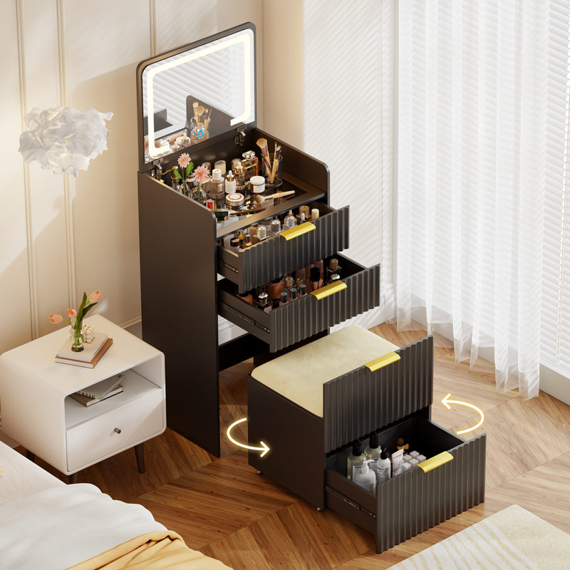 Compact Vanity Desk With Flip-up Led Mirror, Glass Drawer, And Hidden Stool Storage, Black