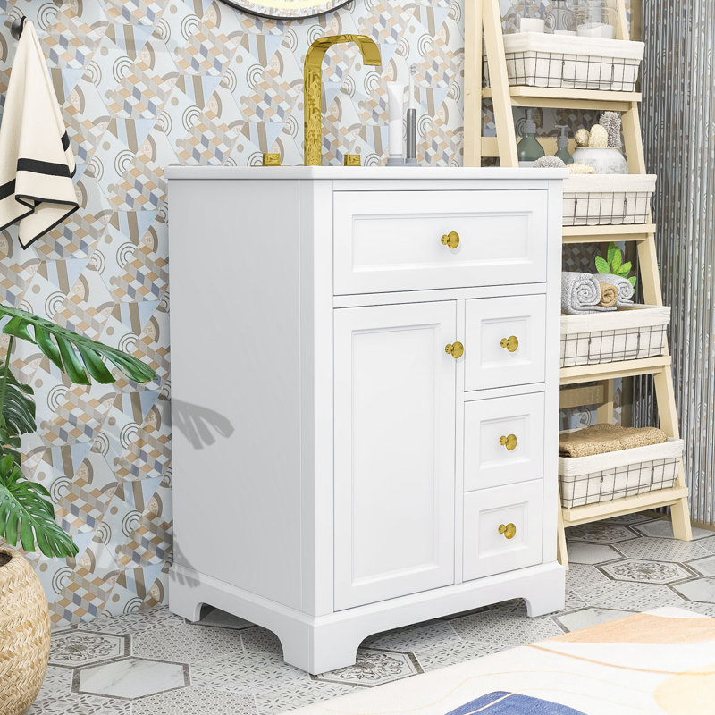 Meuble-lavabo sur pied élégant avec lavabo en céramique, porte à fermeture en douceur et grand espace de rangement, Blanc