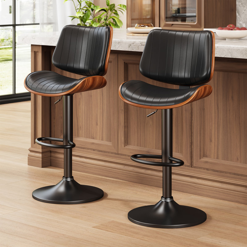 Ensemble de 2 tabourets de bar pivotants à hauteur réglable, dossier en bois cintré, siège en similicuir et repose-pieds - Chaises modernes à hauteur de comptoir pour îlot de cuisine, salle à manger ou bar personnel, confortables et faciles à nettoyer
