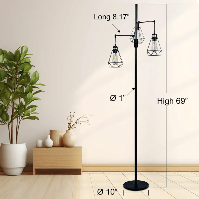 Castellon Vintage Industrial Tree Floor Lamp With 3 Dimming Birdcage Shades, Adjustable Branches & Sturdy Base