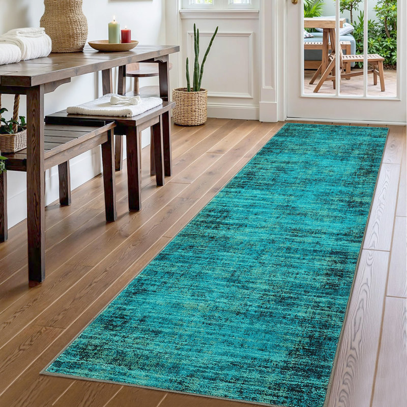 Washable Area Rug, Vintage Distressed Low Pile Non-Slip Foldable Retro Abstract Indoor Floor Carpet, Turquoise, 2'x6', Teal
