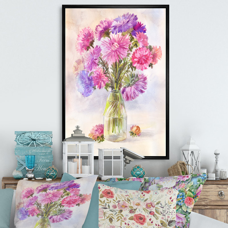 Bouquet de lilas Aster - peinture sur toile, H 12 po x l 8 po x P 1 po, Cadre flottant noir