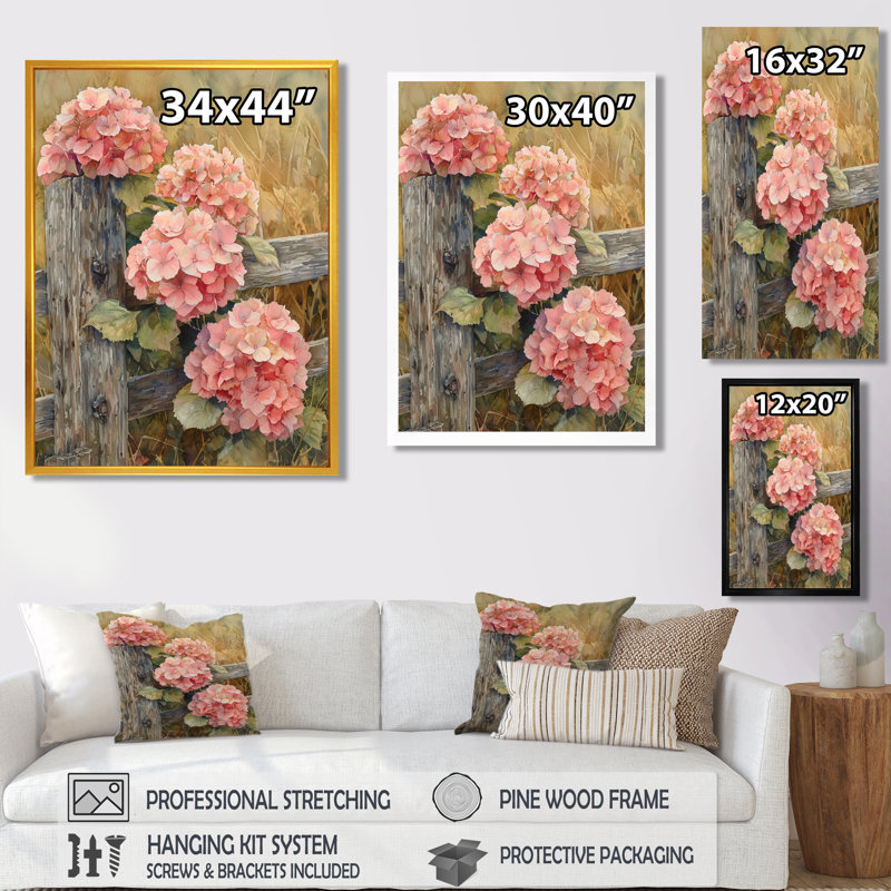 Farm Hydrangeas By The Fence I - Art mural sur toile florale, Noir, noir, noir, noir, H 20 po x l 12 po