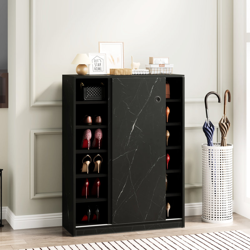 6-Layer Shoe Stand With Black Marble Finish And Sliding Door, Holds At Least 30 Pairs White Cupboard Structure 30+