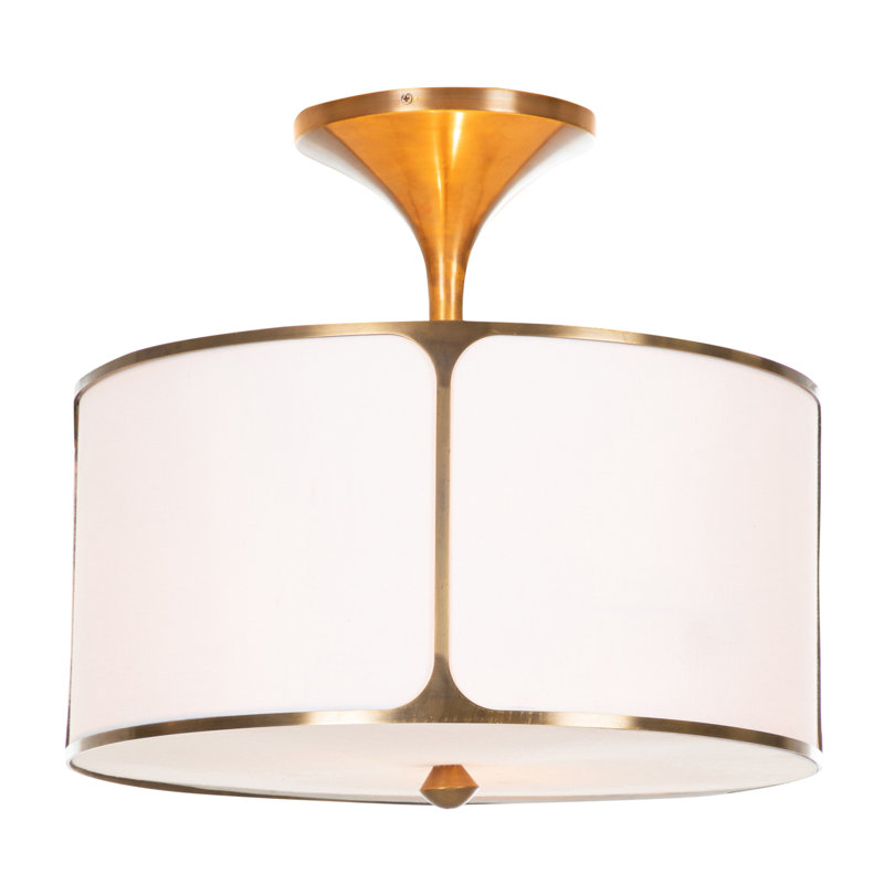 Aged Bronze and Salt Linen Drum Semi-Flush Mount Light