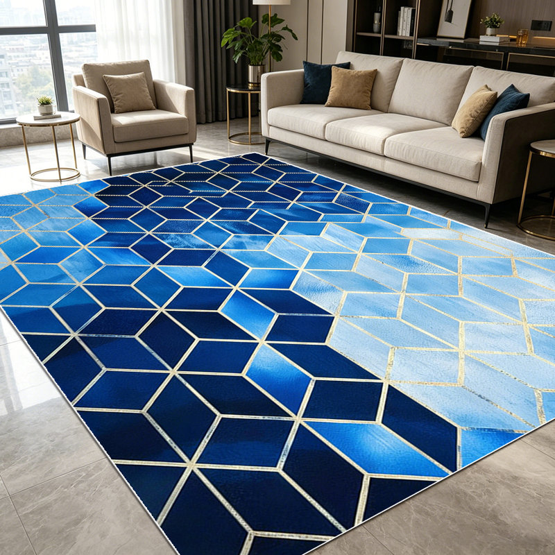 1PC Blue Ombre Geometric Hexagon area rugs for Living Room, Soft and Comfortable, Suitable for all seasons, easy-to-maintain, machine washable Indoor floor mat, Under Table Farmhouse suitable for Dining Room, Bedroom, Entryway, Home Office, Patio,