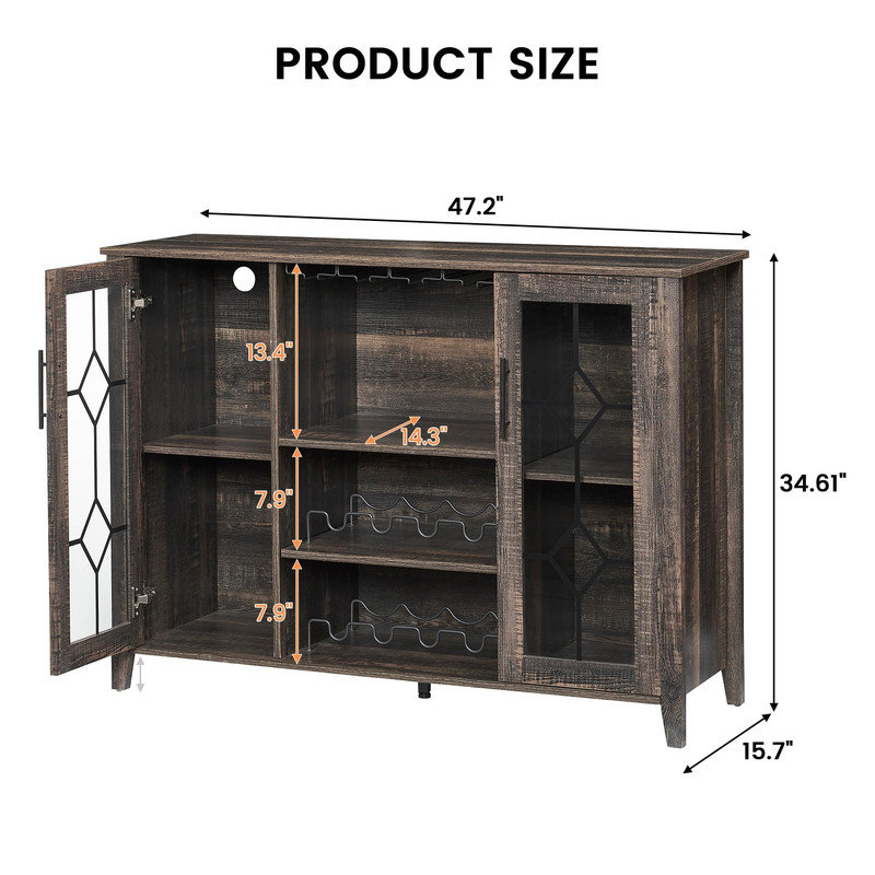 Bar à vin 47,2 "à DEL avec support en verre, tablettes réglables et rangement, Brun