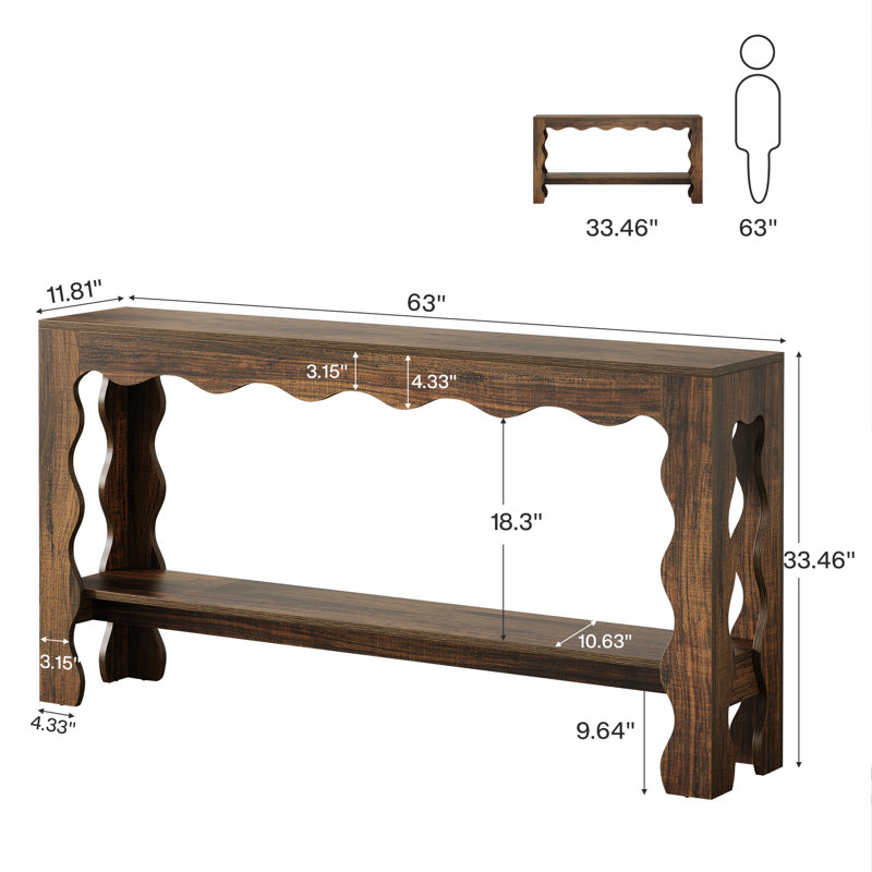 63" Narrow Long Console Table with Scalloped Edge and Storage Shelf, Entryway Table Behind Couch for Entryway & Living Room