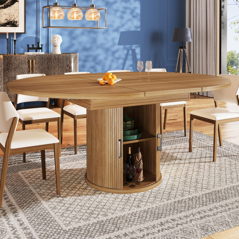 Extendable Round Dining Table, Brown Wood