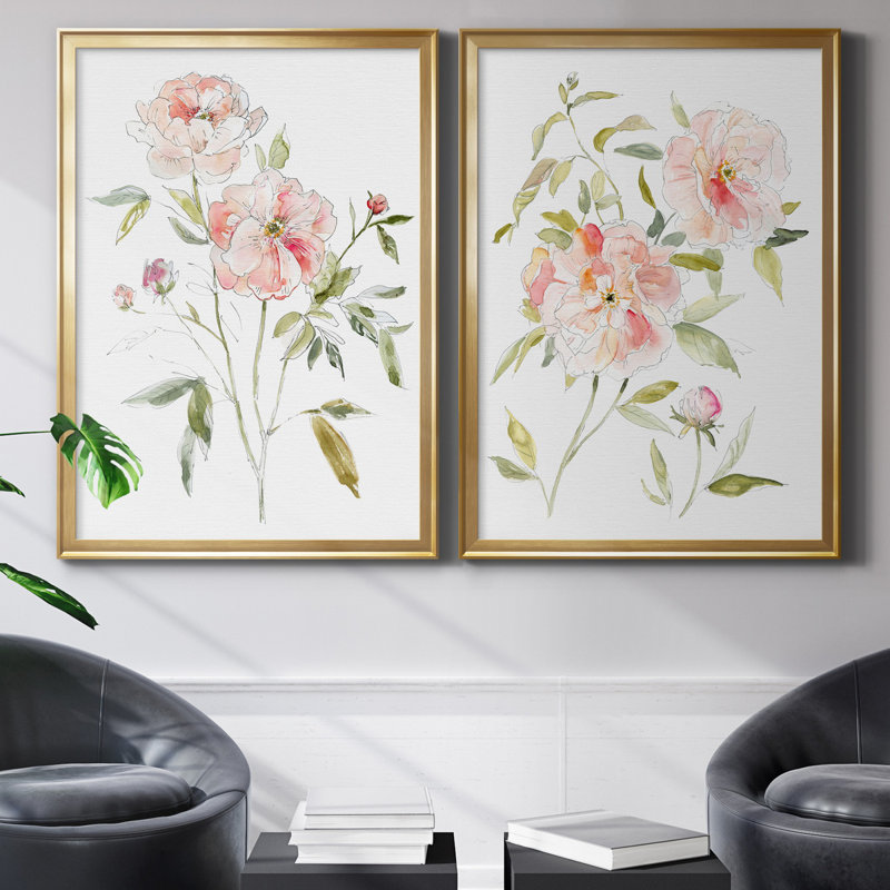 Carnet de croquis «Cottage Rose I», ensemble de 2 reproductions d'art, H 22,5 po x l 61 po x P 1,5 po, Toile encadrée d'or
