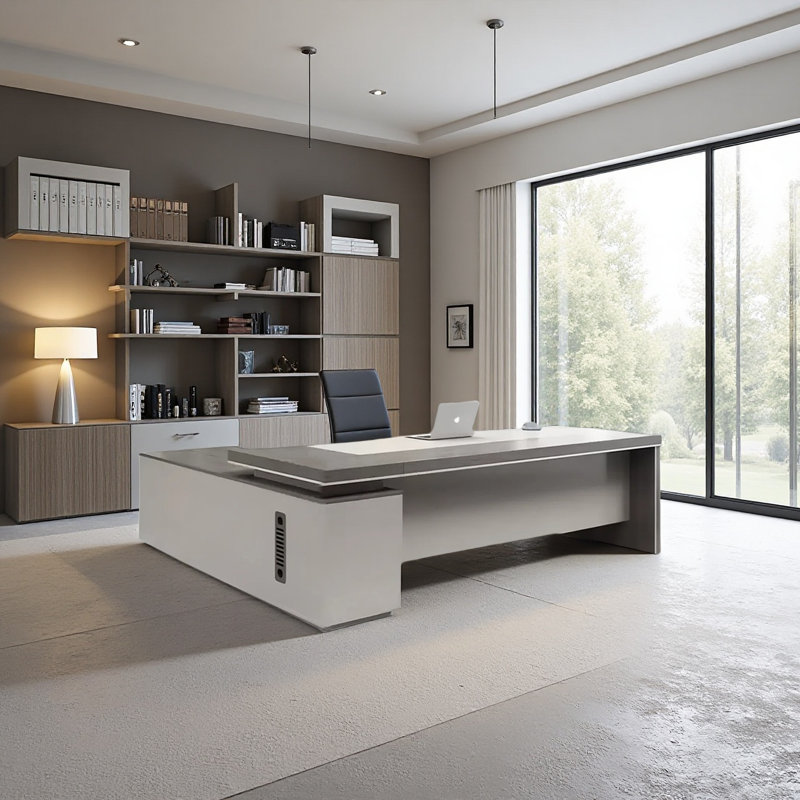 Modern desk with lockers with side cabinets, 29.53" H x 70.87" W x 31.5" D