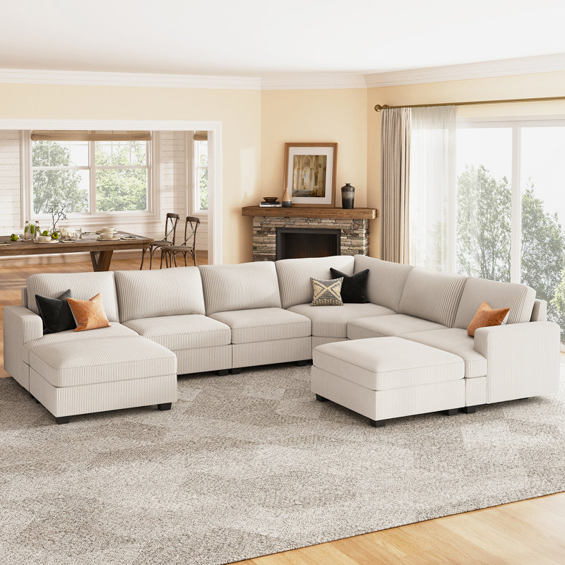 Grand canapé modulaire en U avec repose-pieds Anureet, Velours côtelé beige, Non