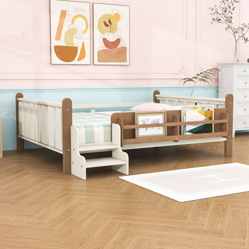 Lit plateforme en bois pour enfants avec bibliothèques de rangement, Lit double, Beige