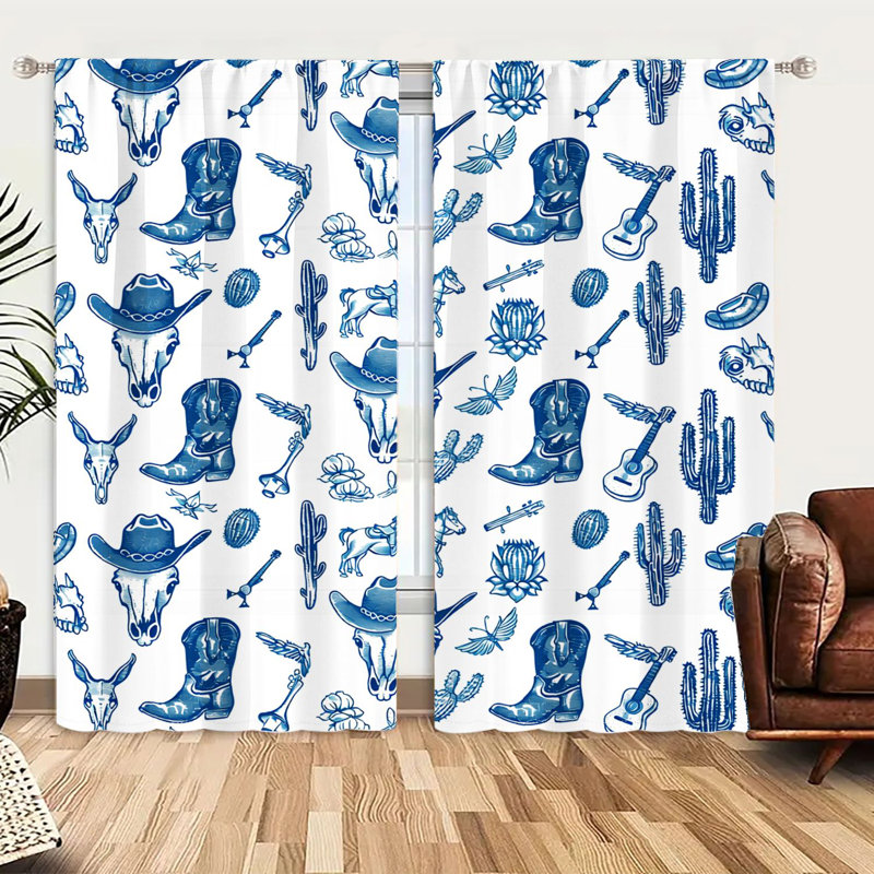 2 pièces de rideaux à motifs bleus de style occidental, rideaux de fenêtre à passe-tringle, décoration de maison de campagne rétro pour le salon, la cuisine de chambre à coucher, traitement décoratif et de protection de la vie privée