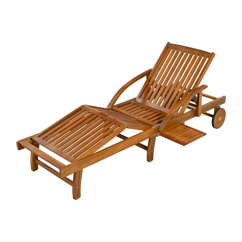2-Pack Outdoor Lounge Chairs, Acacia Wood Frame, Cushioned, Adjustable Backrest & Leg Rest, Headrest & Retractable Side Tray, Perfect for Patio, Pool, Garden, Beach