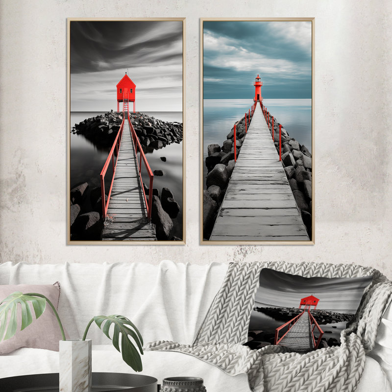 «Coastal Pier Reflections», 2 pièces sur toile, Encadrement brun, H 40 po x l 40 po