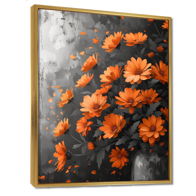  «Orange Black Autumn Blaze Mums - Mums Wall Art Living Room, Cadre doré flottant, bois massif, H 16 po x l 32 po