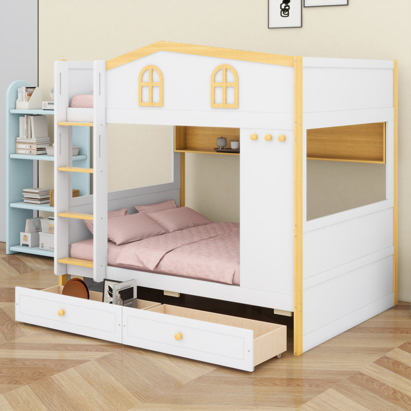 Mignon lit superposé en forme de garde-corps, tablettes de rangement fonctionnelles et tiroirs, Double sur double