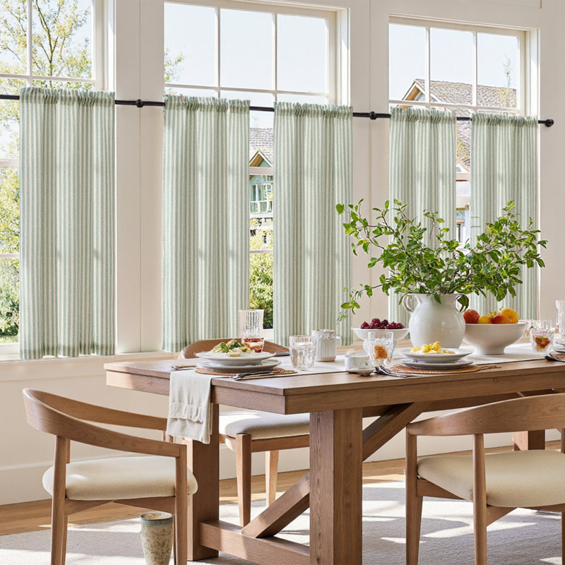 Linen Rod Pocket  Light Filtering Striped Kitchen Cafe Curtains Curtains, Green/Beige, 26" W x 45" L