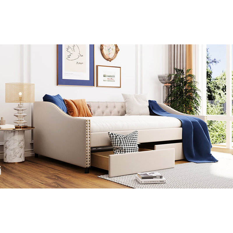 Lit de jour rembourré beige avec deux tiroirs pratiques et une structure en lattes de bois stable - Améliorez le décor de votre chambre à coucher