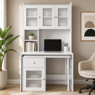 Computer Desk with glass door for Home Office or Study desk, Bookshelf & Hutch, Computer Desk with 90 Degree Rotating Desktop,Large Working Space