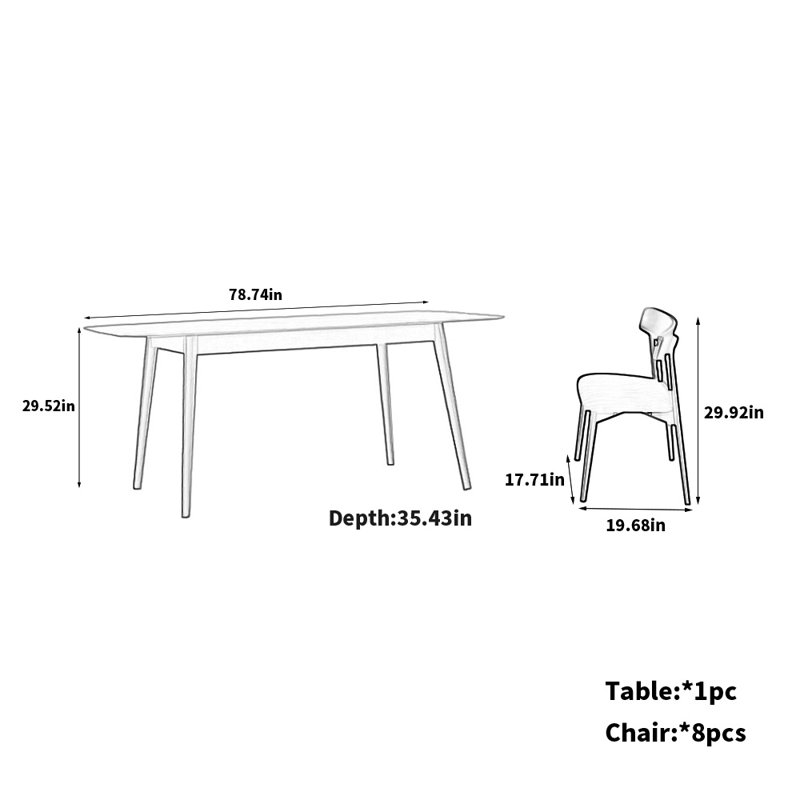 Ensemble de table et chaises en chêne, H 29,52 po x L 78,74 po x l 39,37 po