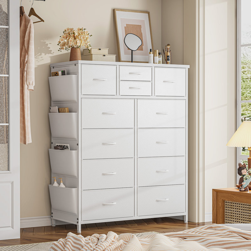 Dresser For Bedroom With 12 Drawers, Chest Of Drawers With 4 Side Pockets, White