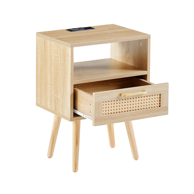 Okawville Rattan Nightstand with Drawer Bed Side Table Modern Nightstand Bedroom End Tables, Oak