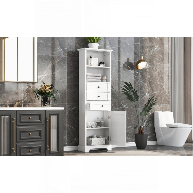 White Tall Storage Cabinet With 3 Drawers And Adjustable Shelves For Bathroom, Study, Office And Interior, MDF Board With Painted Finish