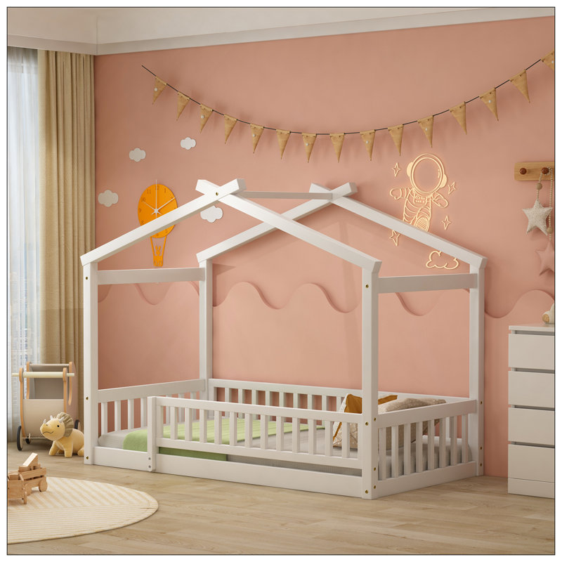 Cadre de lit en bois avec clôture, Lit simple, Blanc