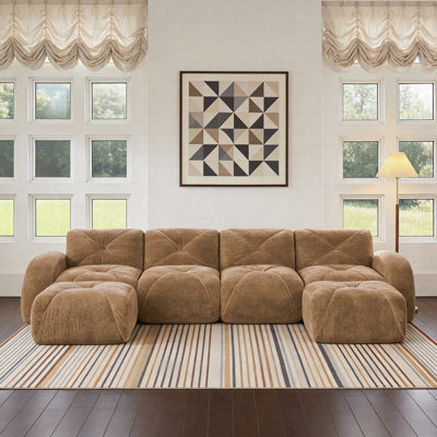 140" Oversized Boneless Cloud Sofa With 2 Ottoman, Modular Sectional Couch With Tufted Cushions, Velvet Sofa With High-Density Foam