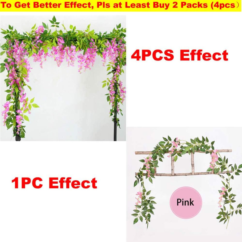 2x7FT Artificial Wisteria Vine Garland Plants Flowers Arts For Ceremony Home Wedding Decoration (Lilac), Pink/Green