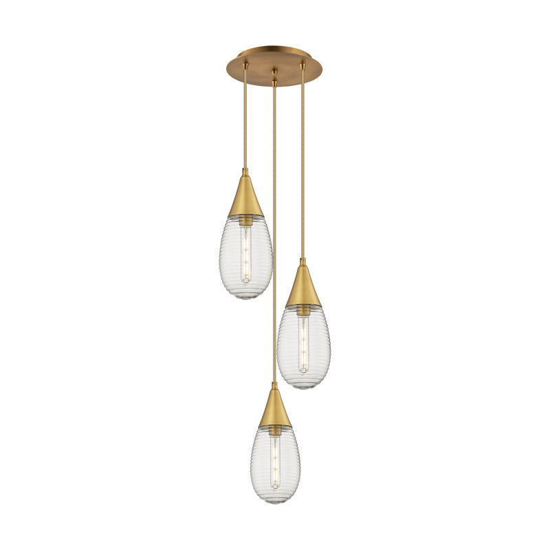 Luminaire suspendu grappe à 3 lumières Sonny, Laiton brossé, Rayé transparent