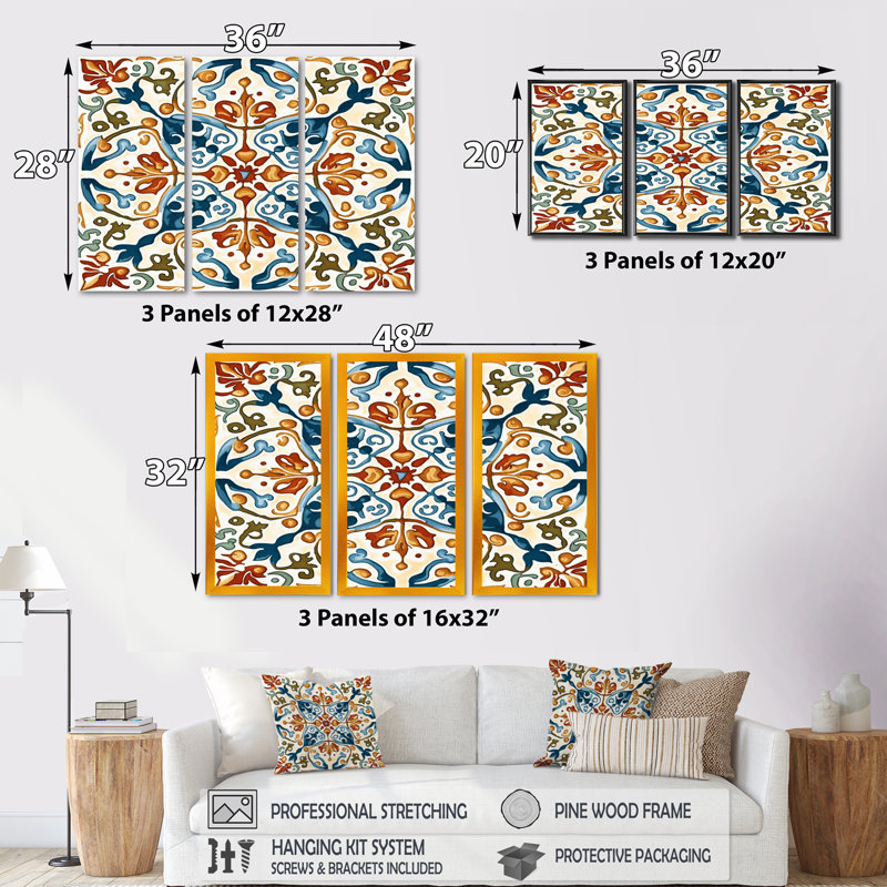 «Méditerranée Tiles in Retro Blue III», reproduction sur toile 3 pièces, H 28 po x l 36 po x P 1 po, Toile tendue