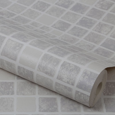 SAMPLE-Contour Earthen Tile Effect Kitchen Bathroom Grey/White Washable Wallpaper