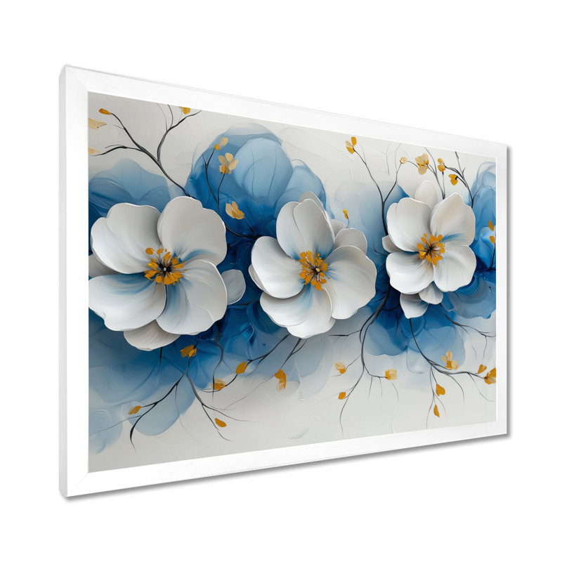 Velours cerisier en fleurs bleu Simplicity III - art mural fleur de cerisier, H 24 po x l 32 po, Avec cadre, Blanc