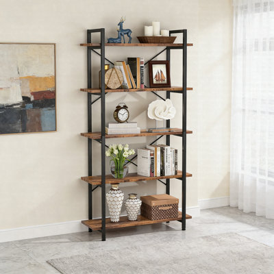 5-Tier Industrial Bookshelf, Brown Freestanding Etagere Bookcase Display Shelf