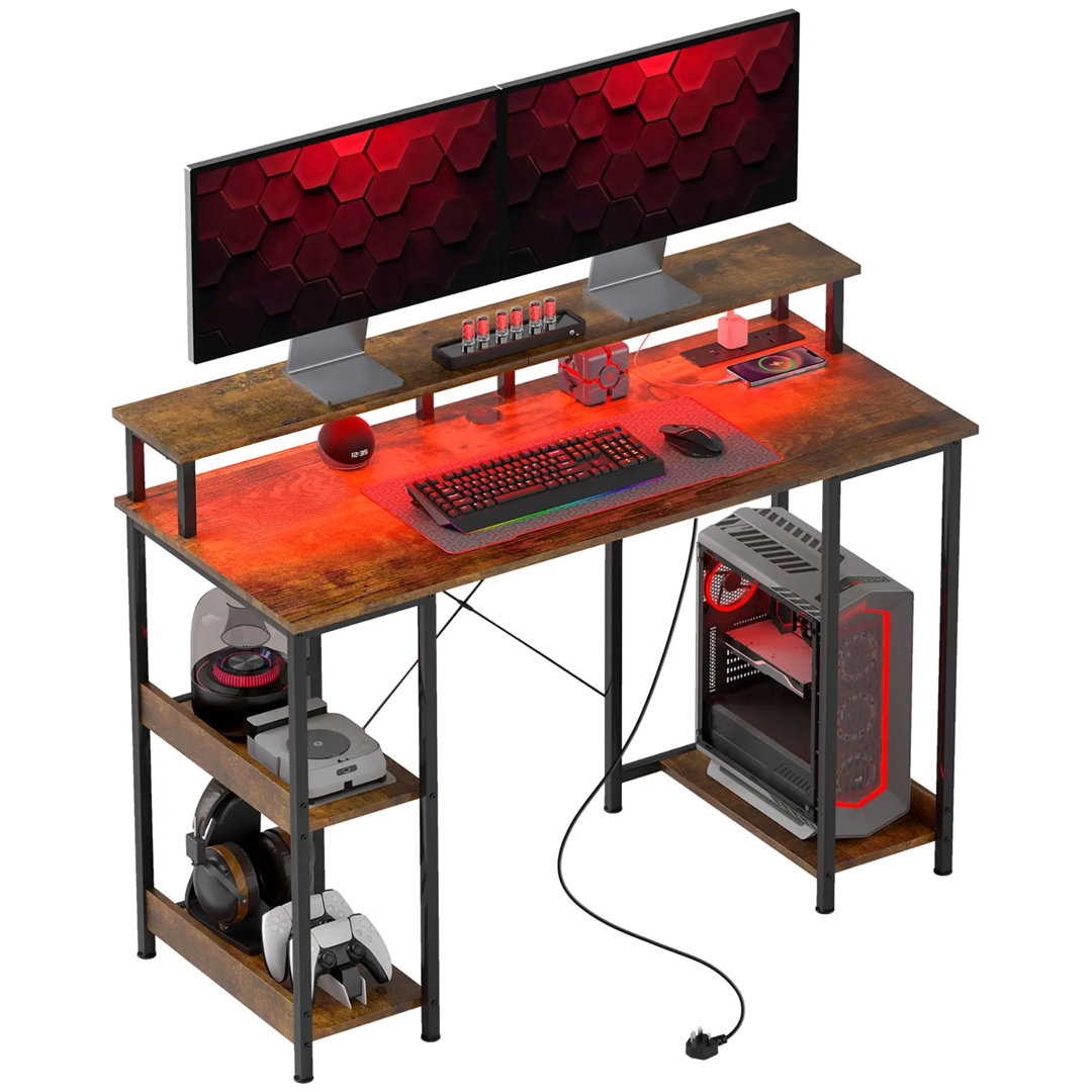 Industrial 120CM Computer Desk With USB Outlets, LED Lights, and Storage Shelves
