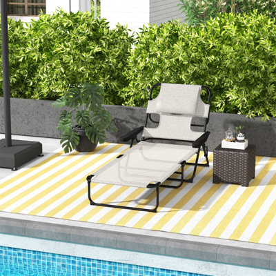 Outsunny Tanning Chaise Lounge Chair, 4-Position Beach Chair With Face & Arm Holes, Pillow Headrest, Adjustable Sunbathing Chair, Cream White