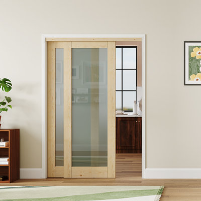 Sliding Closet Door, Full Lite Frosted Glassed Design Solid Wood Sliding Door With Hardware Track Kit & Floor Guide, Pre-Drilled Door Panel Need To Assemble, MDF