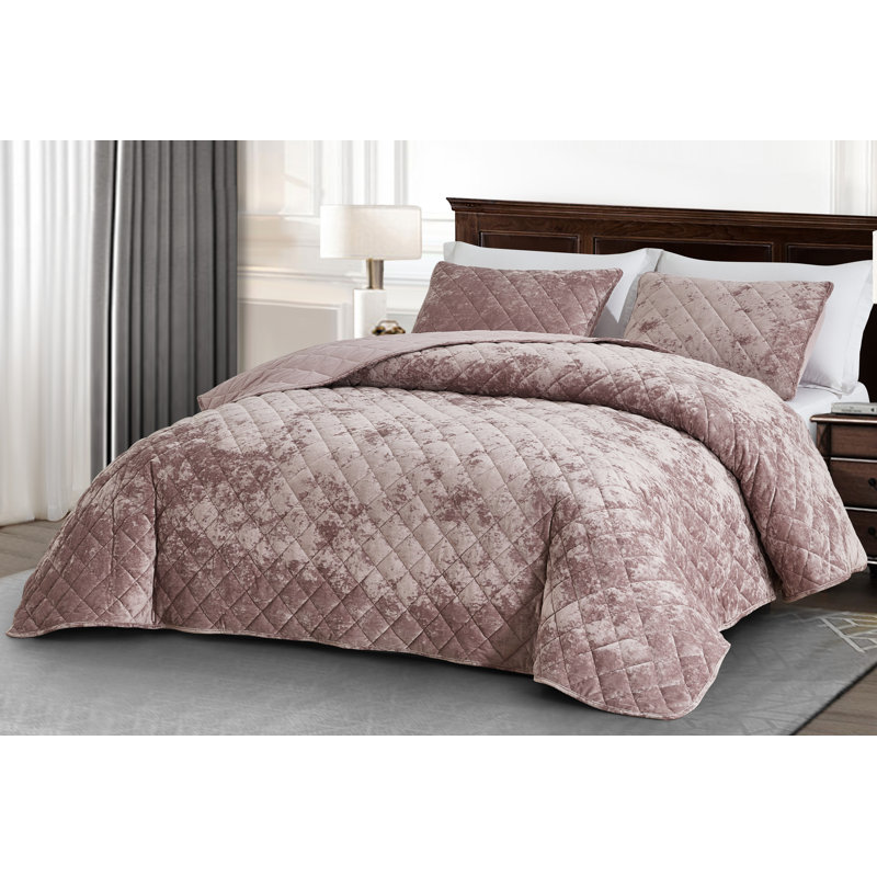 Diamond Stitch Reversible Plush Distressed Velvet Quilt Set, King Quilt + 2 King Shams, Dusty Pink
