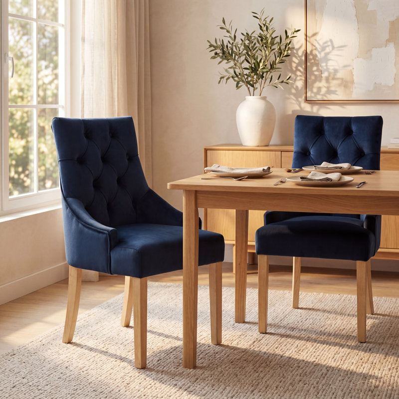 Set Of 2 Navy Blue Tufted Velvet Dining Chairs With Solid Wood Legs Elegant Upholstered Parsons-Style Side Chairs For The Kitchen, Dining Room, And Living Room