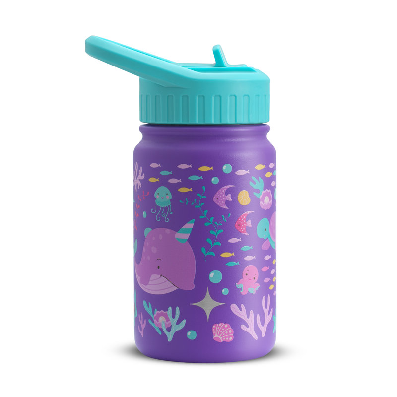 Bouteille d'eau isotherme en acier inoxydable pour enfant JoyJolt 12 oz avec paille et couvercle, mer
