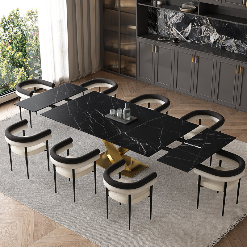 Ensemble de table de salle à manger 9 pièces avec plateau extensible en fritté de 94,5 po et fauteuil rembourré, Doré