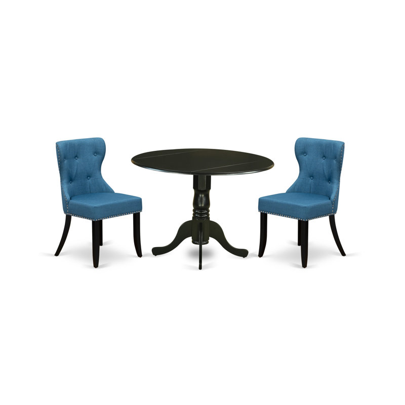 L'ensemble de table de salle à manger 3 pièces pour petits espaces comprend une table de salle à manger ronde avec Dropleaf et 2 chaises Parsons en tissu bleu, 42 po x 42 po, noir