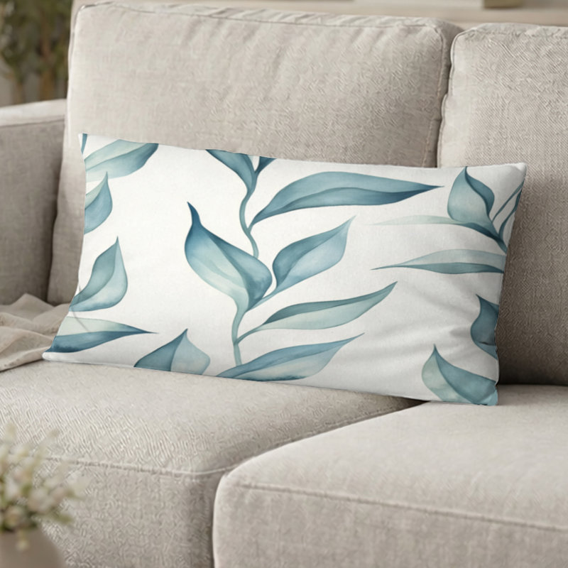 Coastal Accent Pillow - Floral Zen Leaf Printed Cushion, 12"H x 20"W