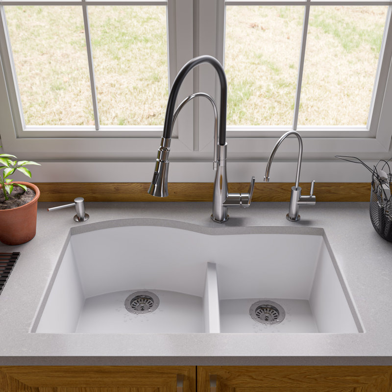 33'' L Double Bowl Granite Kitchen Sink, White